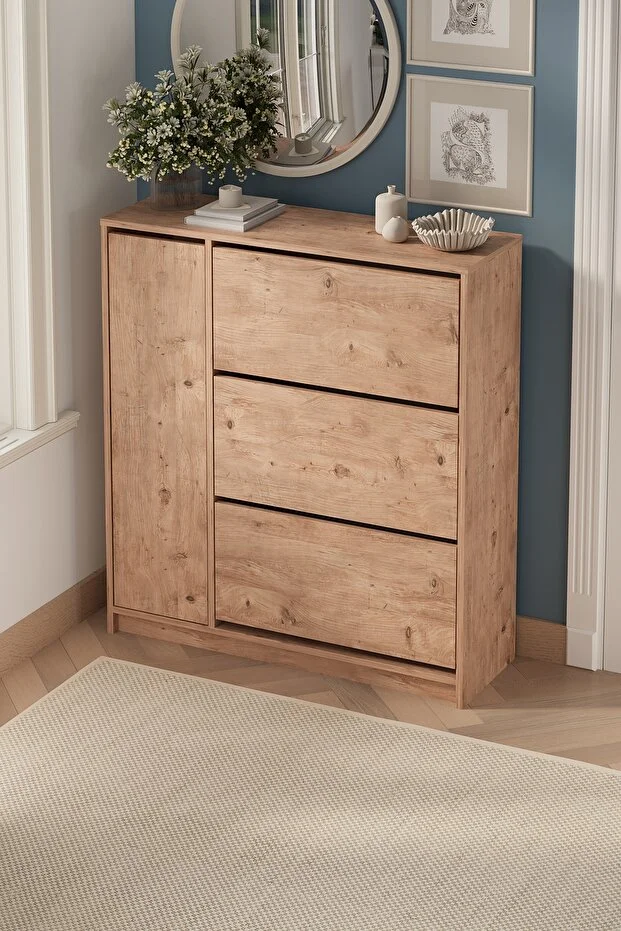 Düşer Kapak Ayakkabılık 4 Kapaklı 6 Bölmeli Kayar Raflı Ayakkabılık